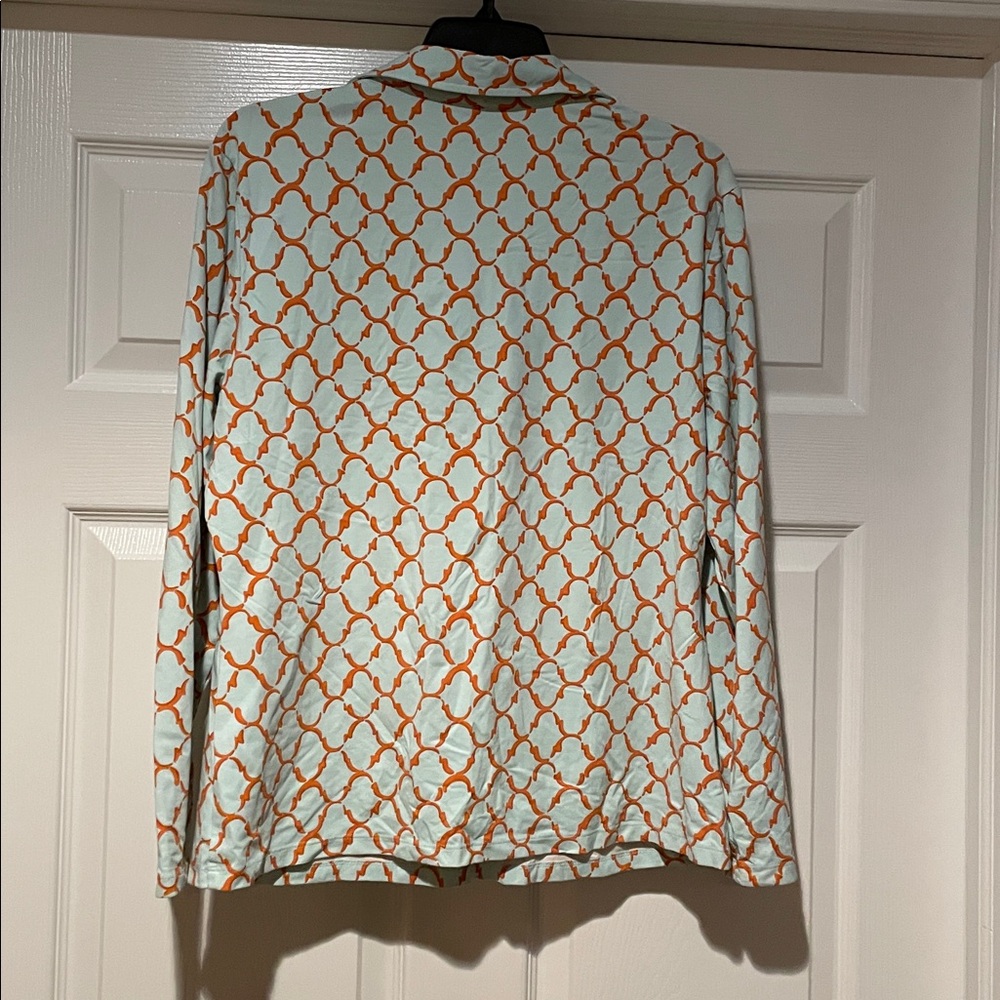 J. McLaughlin Orange and Sea Glass Green Patterned Shirt - Picture 2 of 4